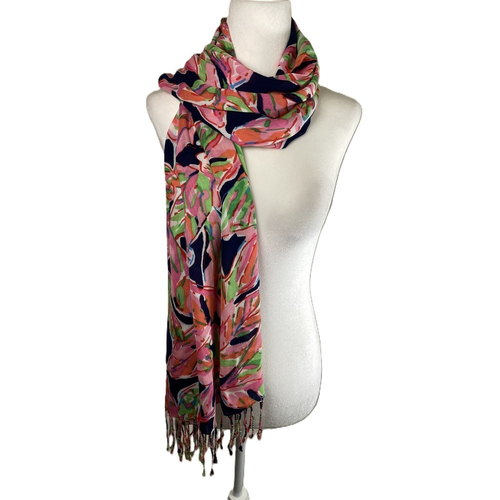 Lilly Pulitzer Murfee Scarf Tusk In Sun Pink Navy Blue Palm Leaf Fringe 10126